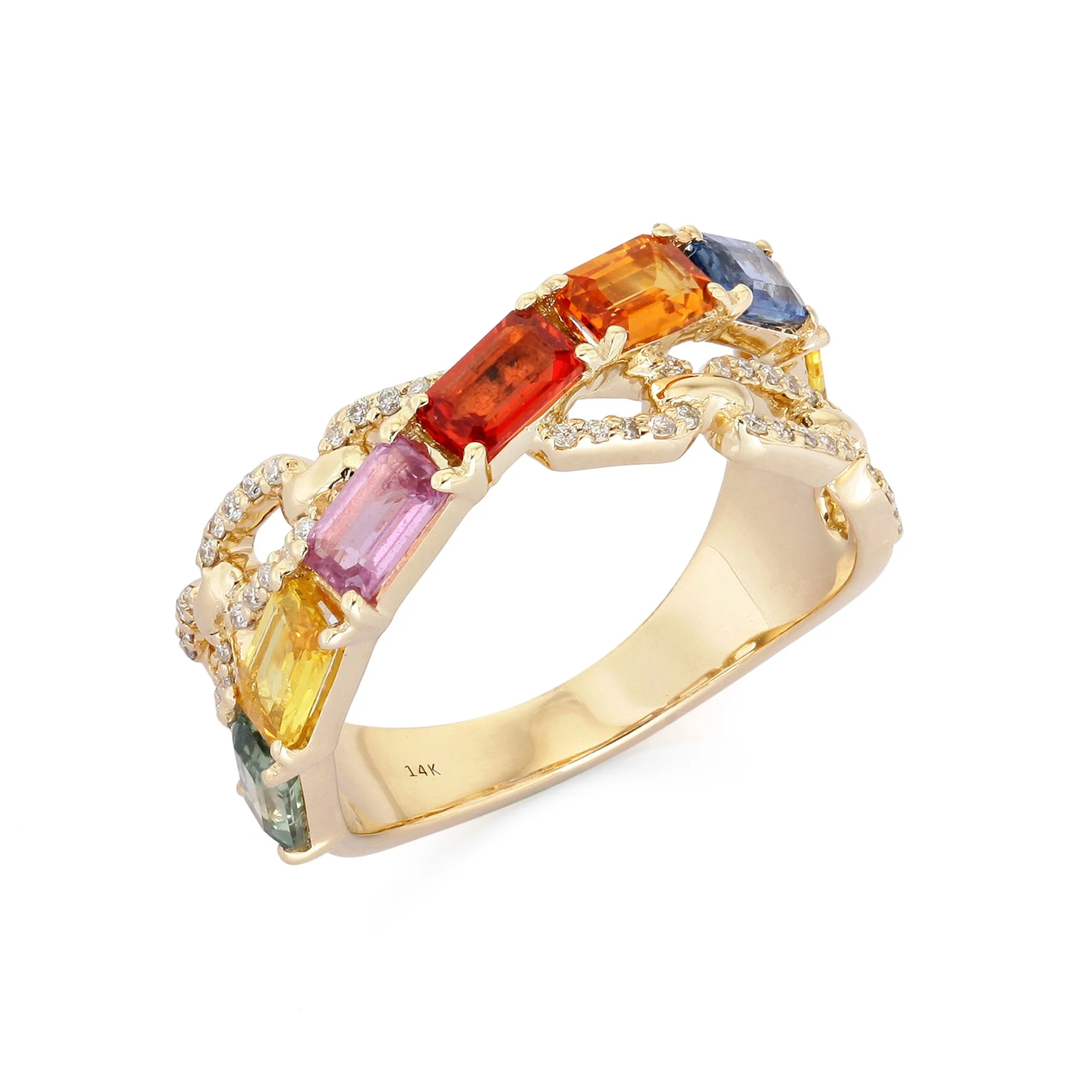Crossover Baguette Multi Sapphires Ring