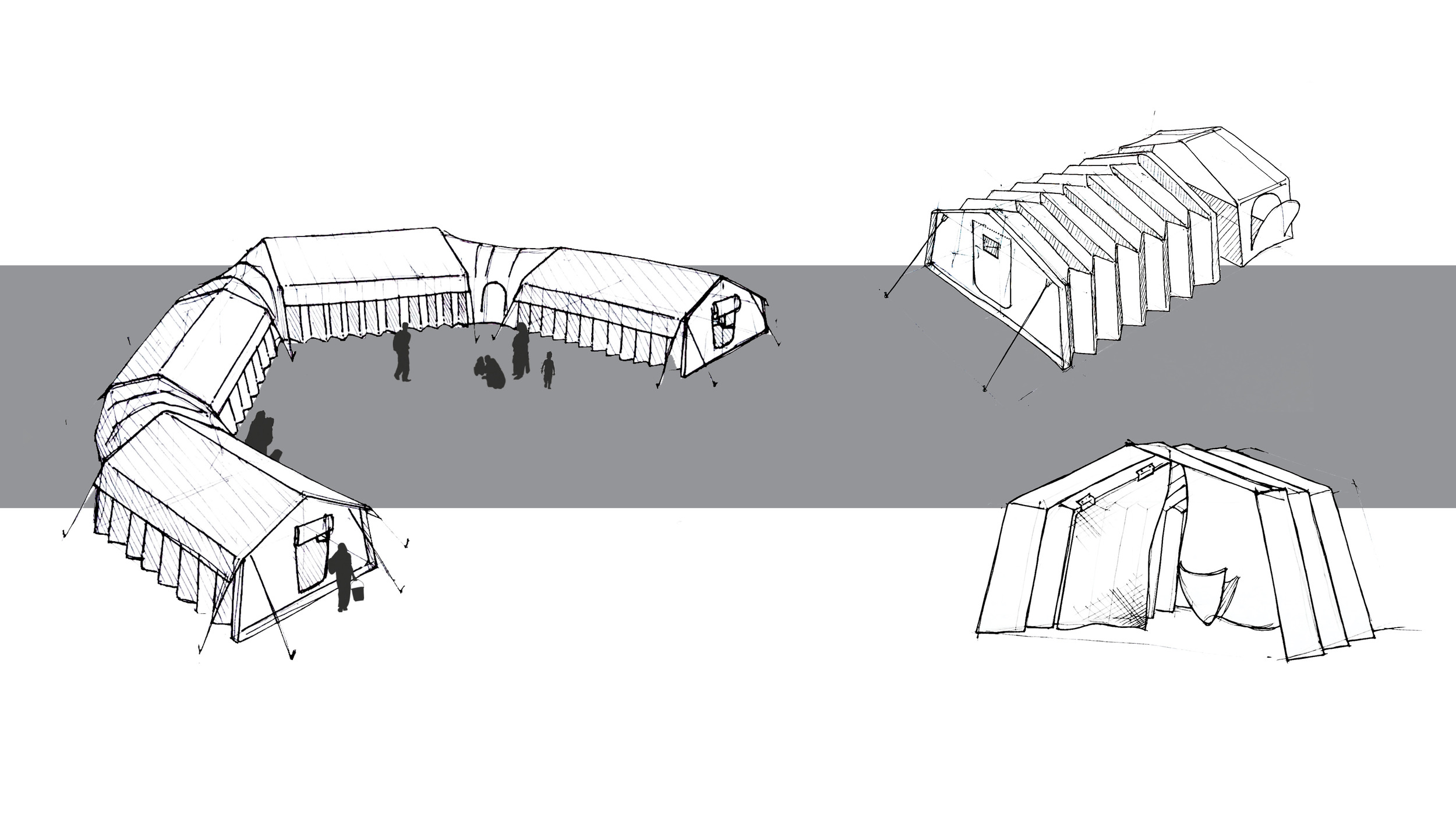 Our final conceptual design features an easy deployment method. The structure behaves like an accordion - simply spreading one section out opens the tent along its length. The shelter is held together in tension by its rain fly, allowing for removal…