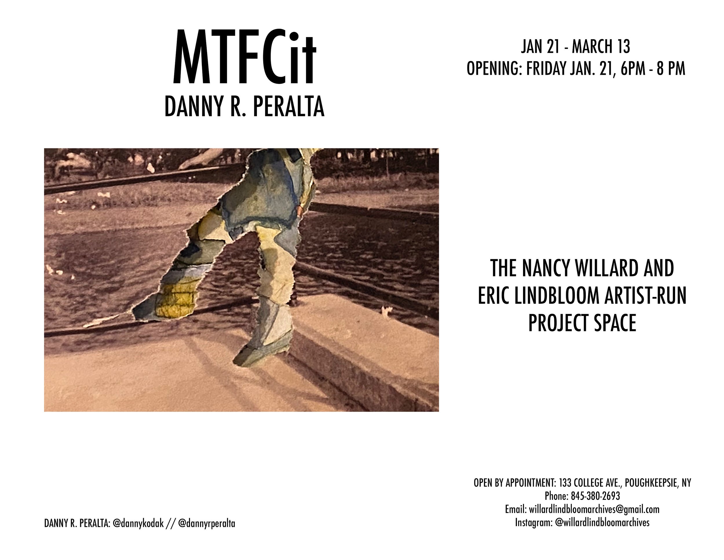  A site-specific solo exhibition at The Nancy Willard and Eric Lindbloom Artist-Run Project Space: UPSTAIRS GALLERIES  Jan. 21 – March 13, 2022    MTFCit   is a riff in progress. The works on display are conversations between unknown human and natura
