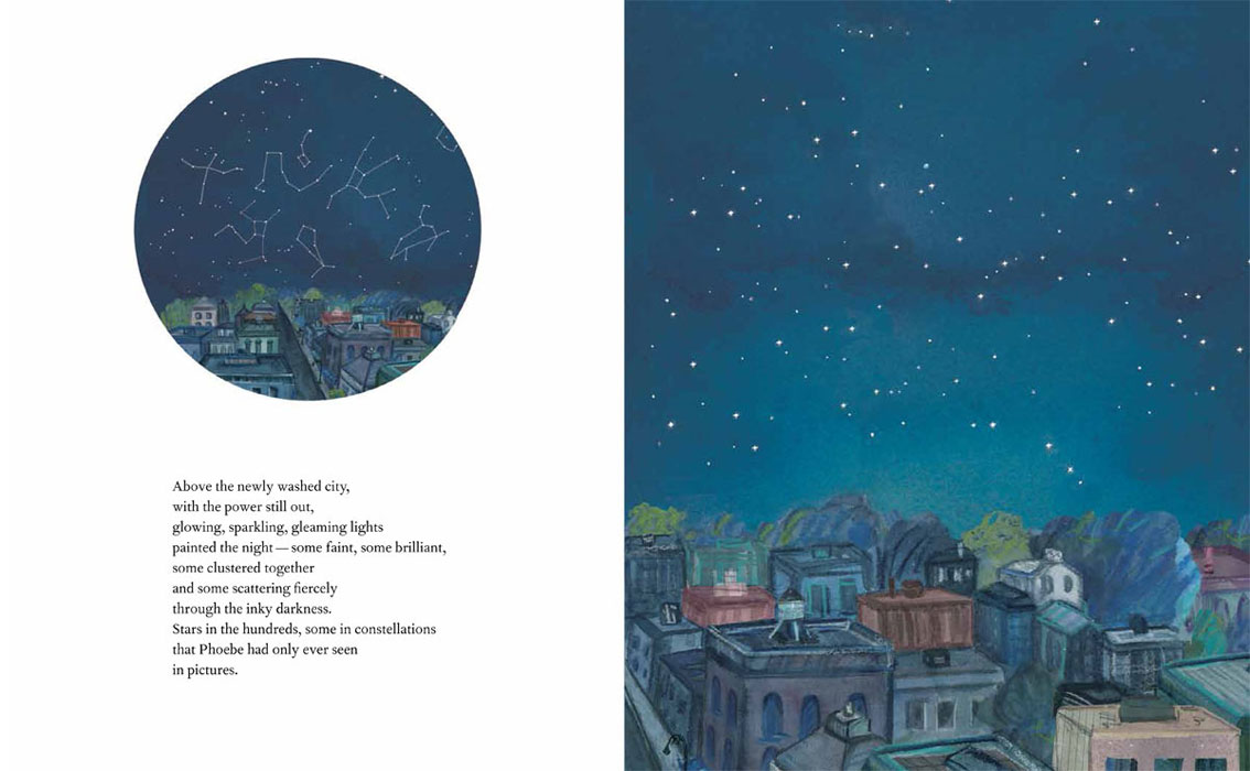 selected spreads from Bright Sky, Starry City, Groundwood Books