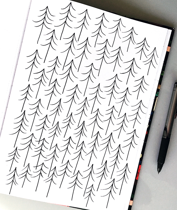 A fir tree pattern drawn in my sketchbook was the basis for this card design.
