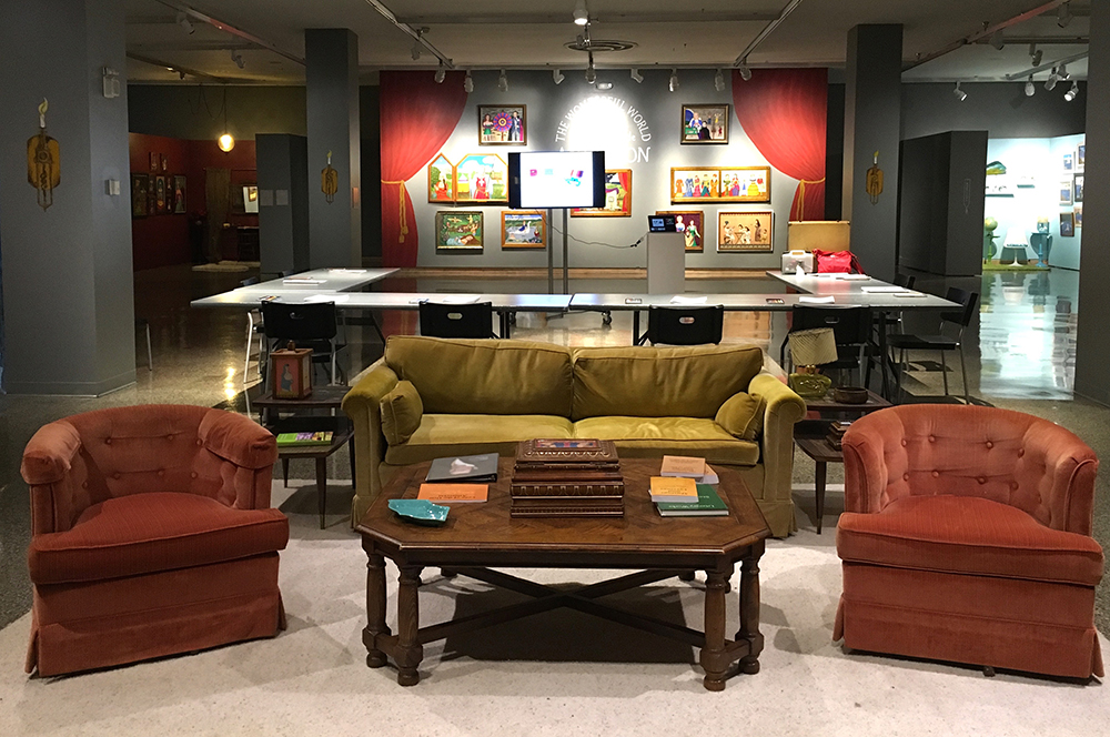 The setting for the coloring party...Right in the middle of the main gallery!