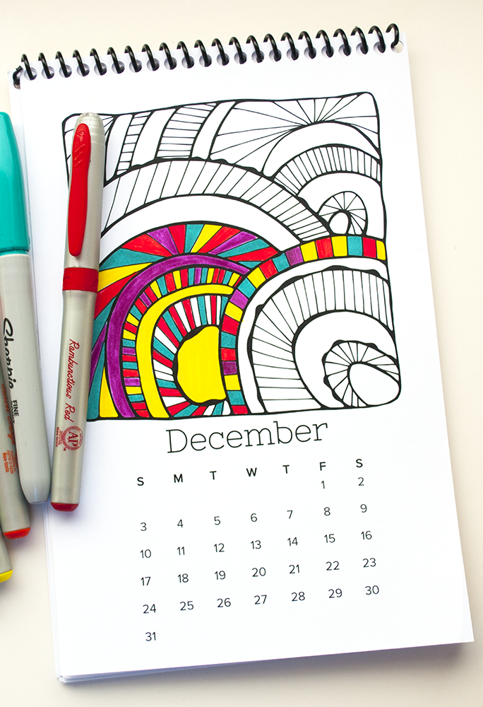 Printed on a nice thick cardstock, you can color with sharpies or any other marker on this 2017 coloring calendar.