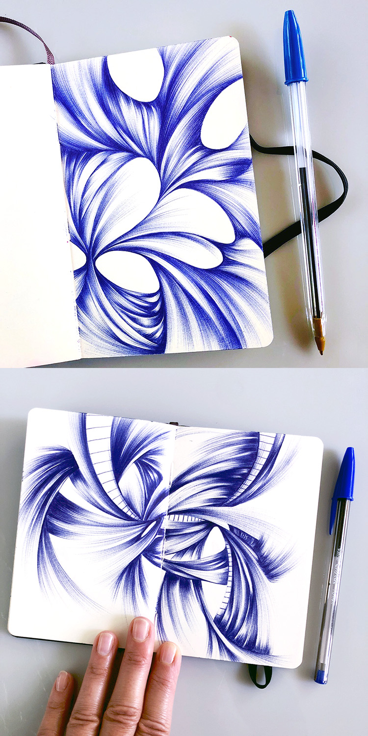 Blue Abstract Ballpoint Drawings by Jennifer Johansson
