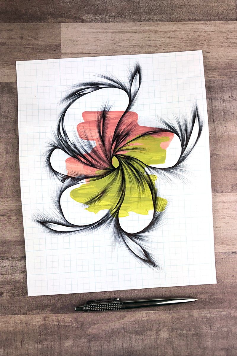 Black ballpoint pen drawing, with acrylic ink on graph paper.