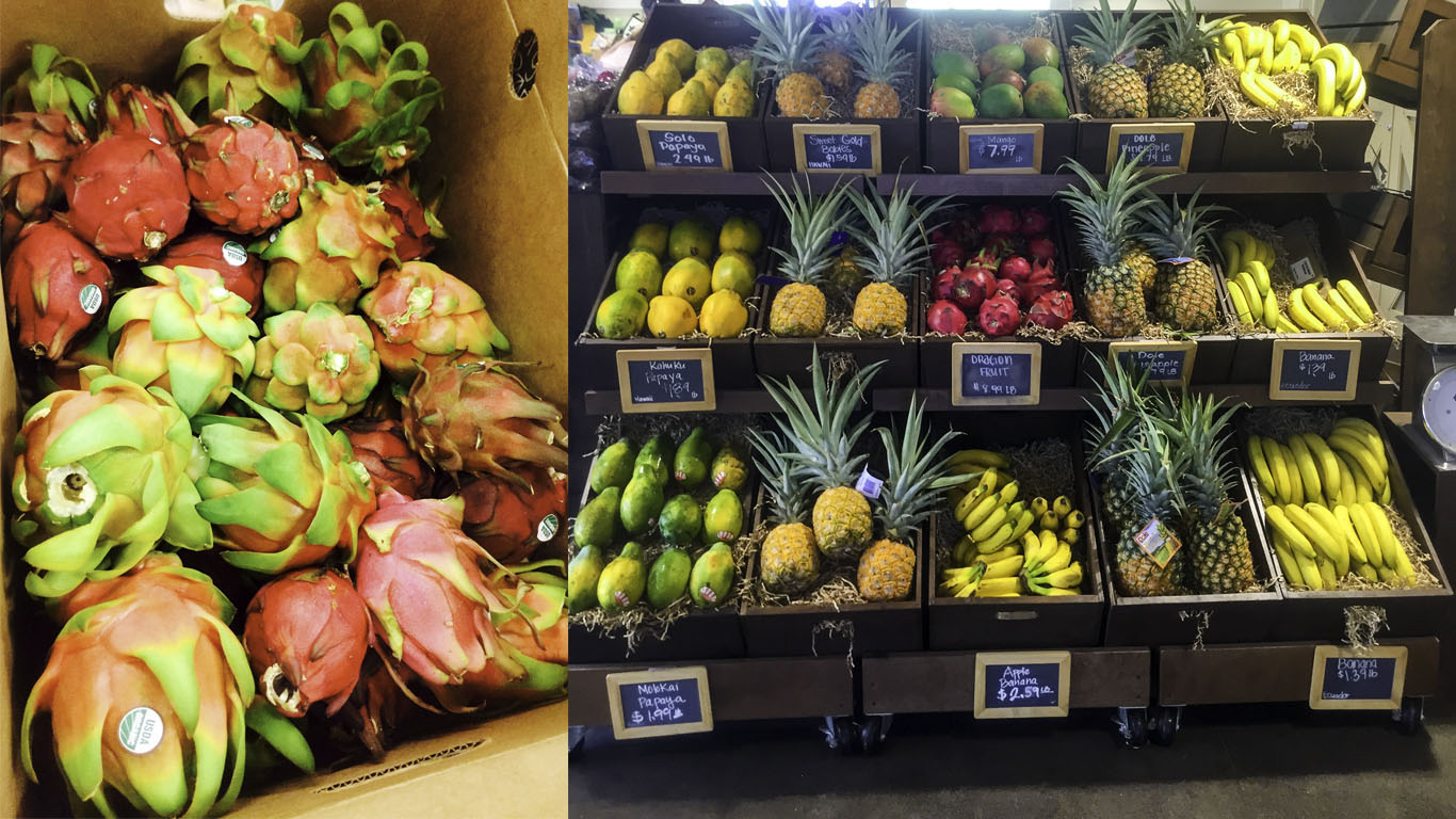 Dragon fruit at Whole Foods on Maui, Hale'iwa Fruit Stand.