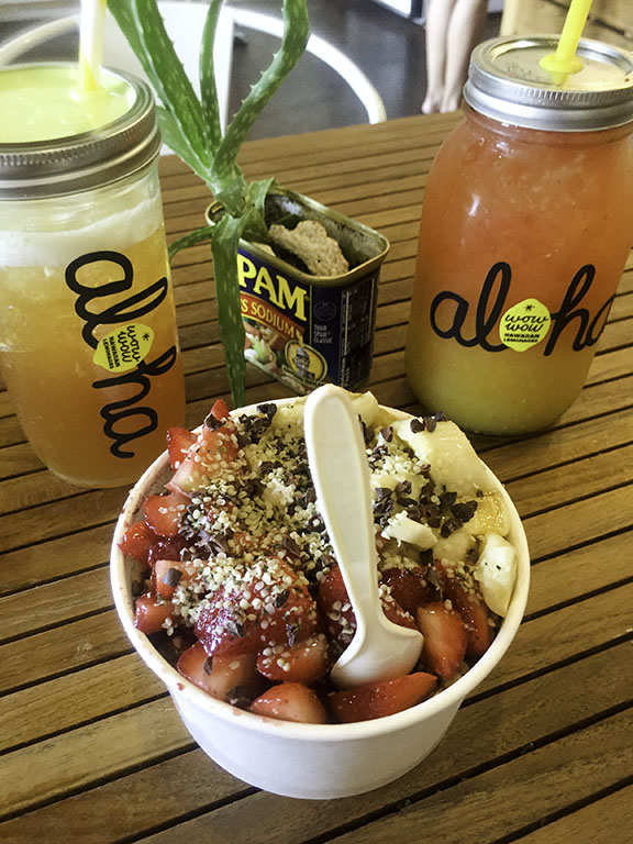 My daughter and I were looking to try our first acai bowl, and we were not disappointed. I ordered the Da Kine Bowl, mostly because its base was raw chocolate breadfruit custard. There were so many other goodies in there, too - divine! These bowls can easily be shared. The Arnold Palmer was made with lilikoi black tea - OMG! Such an exotic, full blast of fruitiness. I was thankful the tea cut the sweetness down a bit, bringing the flavor to the forefront. So many lemonade flavor possibilities, like Alii Lavender Blackberry, Guava Limeade, Strawberry Papaya. There were too many things we wanted to try, like the large selection of smoothies, so we'll definitely have to go back. I love that Wow Wow gives a % of their profits back to their community, too.