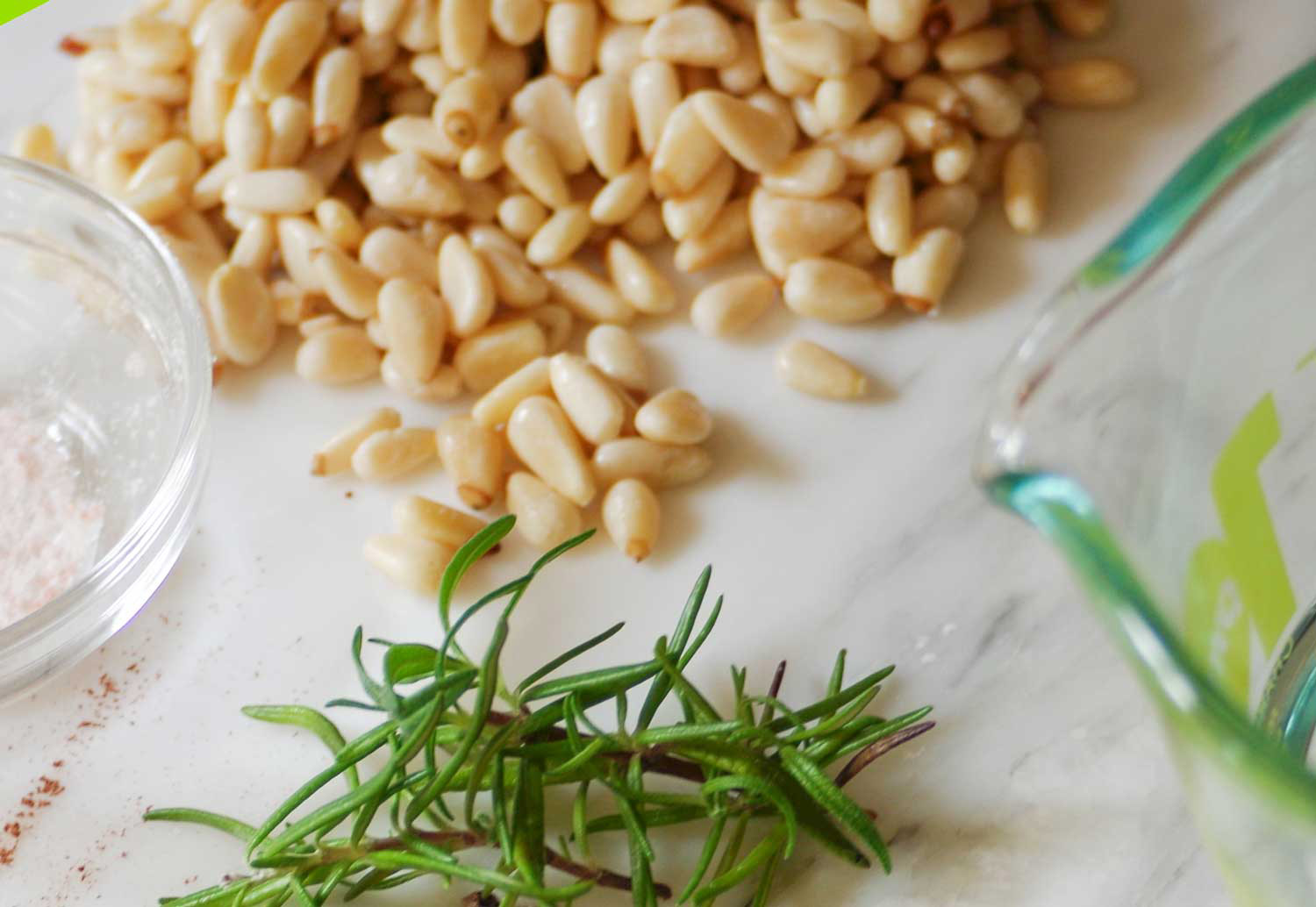 Rosemary and pine nuts for chocolate truffles.