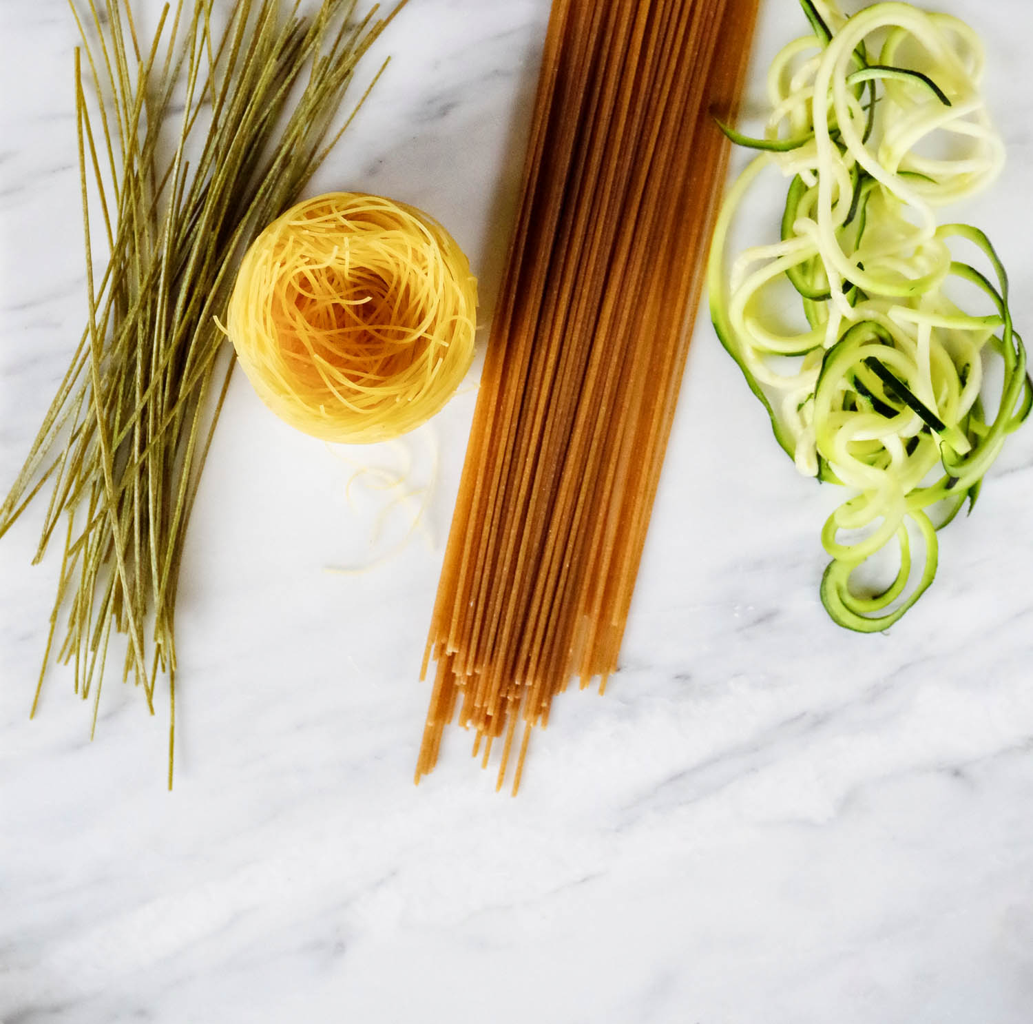 Noodle options: edamame, angel hair, whole wheat, and zucchini.