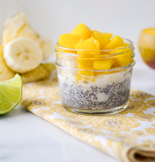 Tropical chia pudding with banana, mango, and lime. Quick and easy!