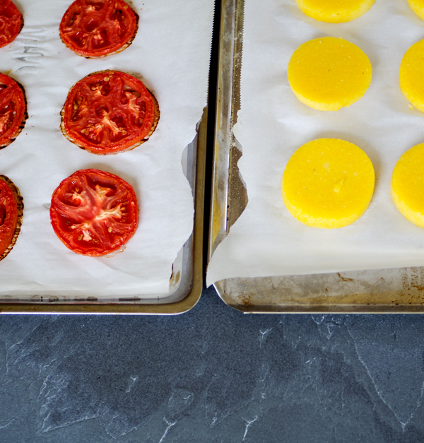 1. Sweet roasted tomatoes and baked polenta rounds.
