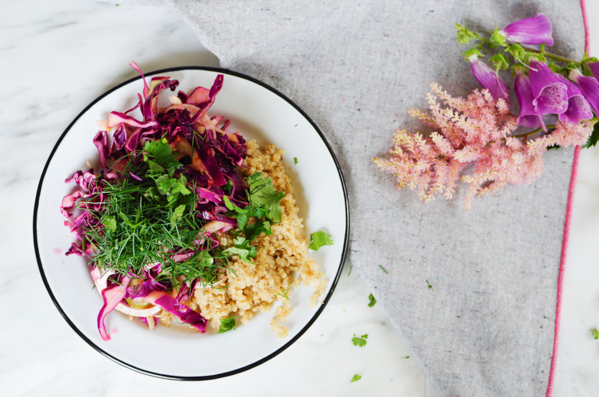 Lemony Fennel Slaw with Purple Cabbage over Quinoa.
