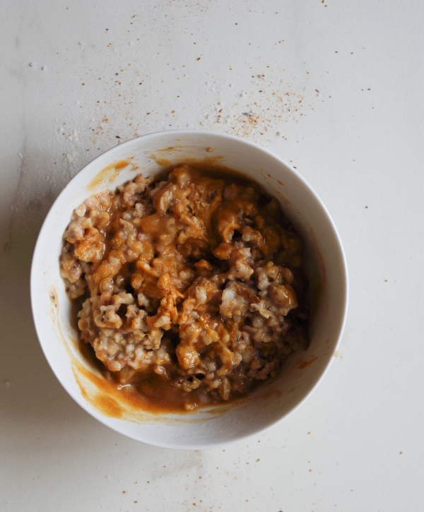 Sticky Toffee Salted Caramel Oatmeal and peanut butter stirred into oatmeal. The best. By Beautiful Ingredient