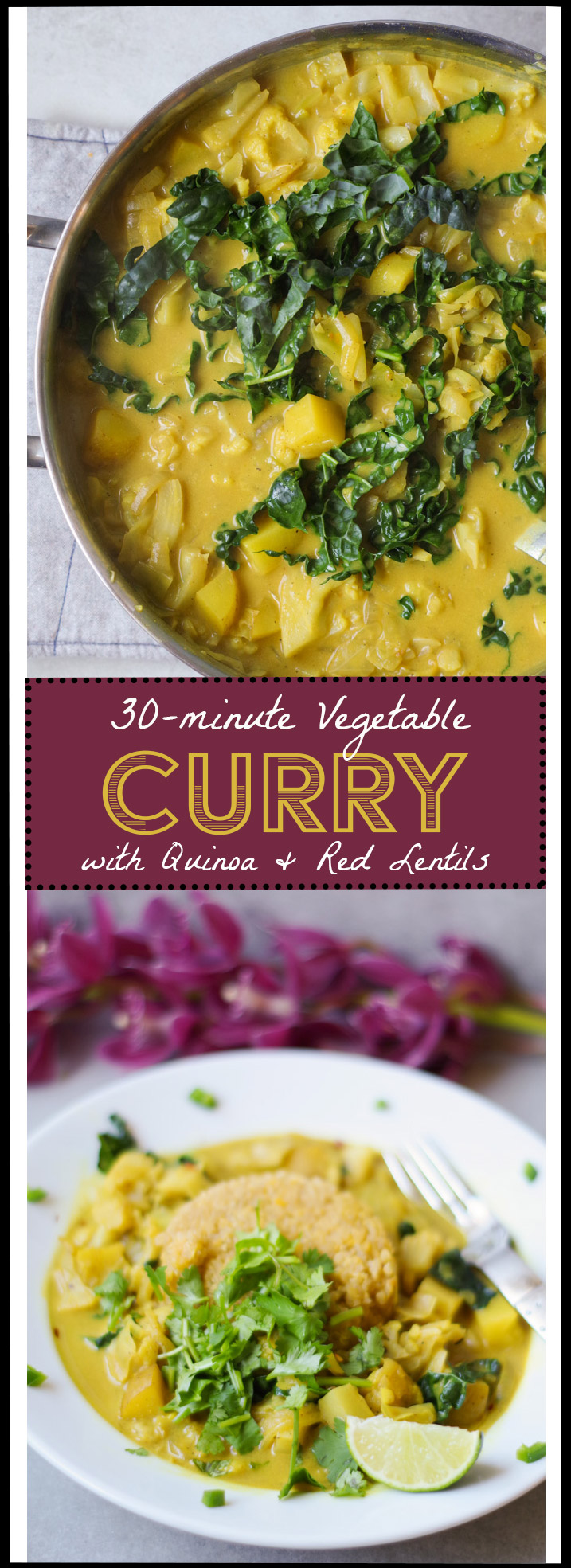 30-MINUTES VEGETABLE CURRY WITH QUINOA AND RED LENTILS, TOPPED WITH CILANTRO, LIME AND JALAPENOS. BY BEAUTIFUL INGREDIENT.