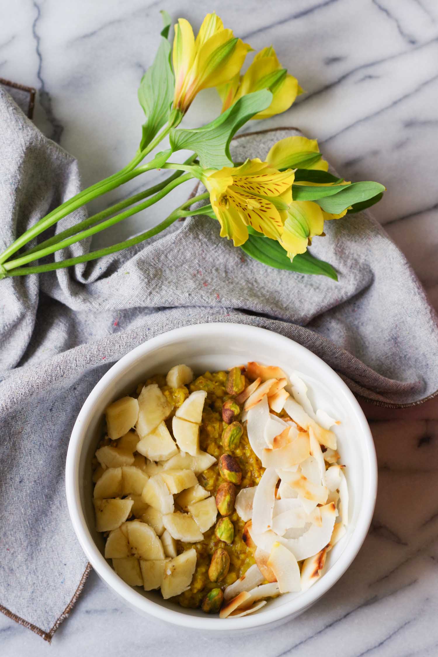 golden Banana Oatmeal with Toppings, by Beautiful Ingredient