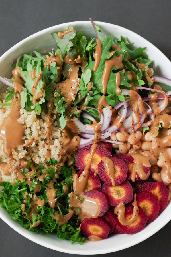 Easy Vegan Buddha Bowl with Tahini Balsamic Salad Dressing, by Beautiful Ingredient