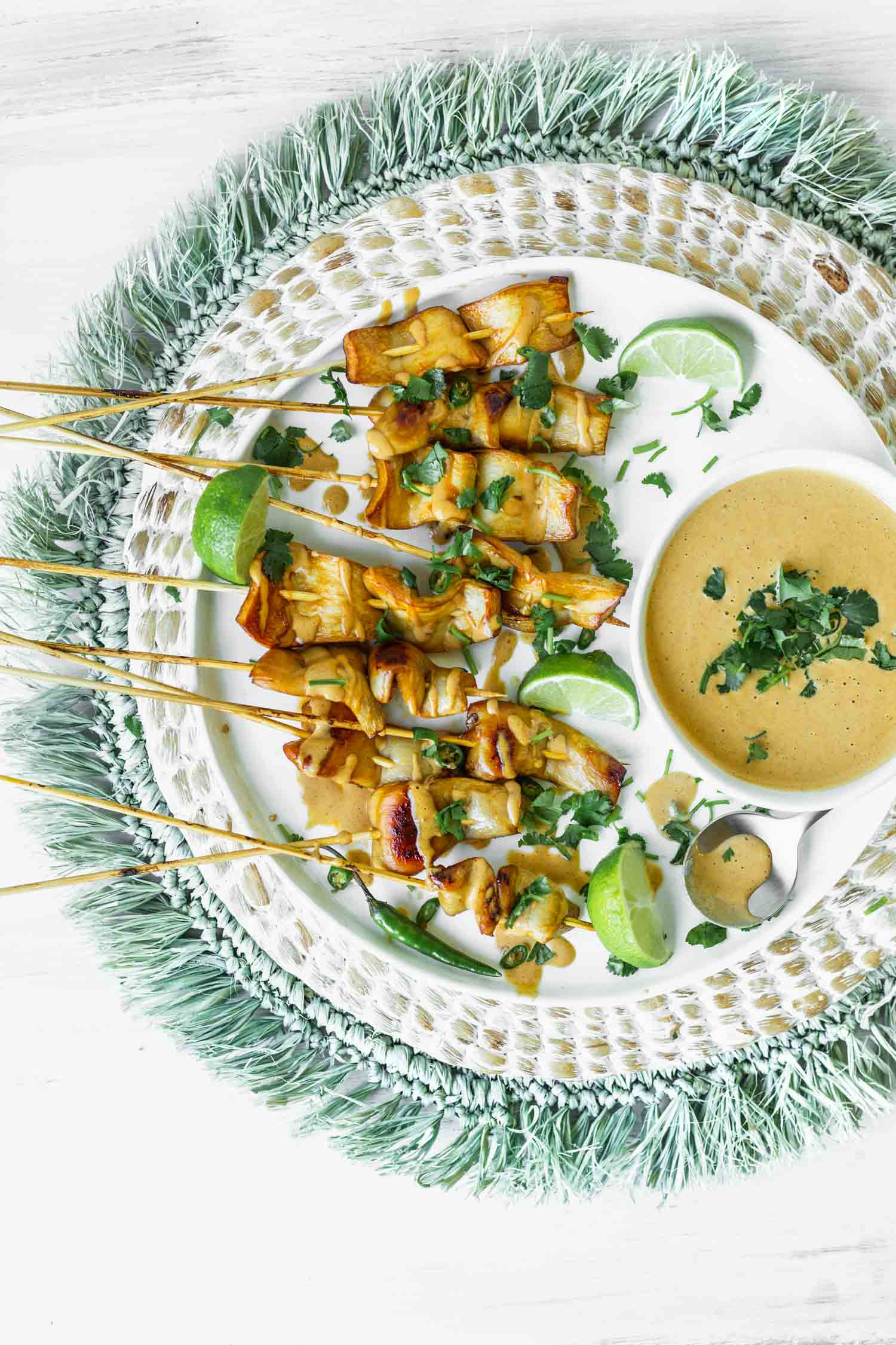 Vegan King Satay with Spicy Peanut-Ginger Sauce Recipe from The Wicked Healthy Cookbook. Photo by Kari of Beautiful Ingredient.