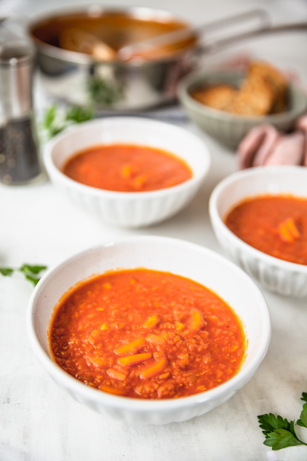 Hungarian Red Lentil Soup Recipe from  The Vegan 8 Cookbook  by Brandi Doming. Photo by Kari of Beautiful Ingredient.