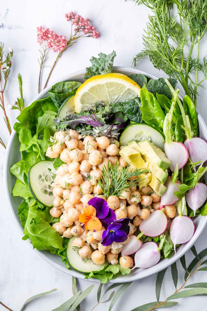 Quick &amp; Easy Vegan Chickpea Salad with Lemon, Dill, &amp; Jalapeño Relish by Beautiful Ingredient. #chickpeasalad #veganrecipe #dill #chickpea #garbanzo #veganlunch #vegansalad #springsalad #freshherb #veganblogger #dairyfree #dairyfreedressing #saladtopping #healthyrecipe #glutenfree #grainfree #quickrecipe #easyrecipe