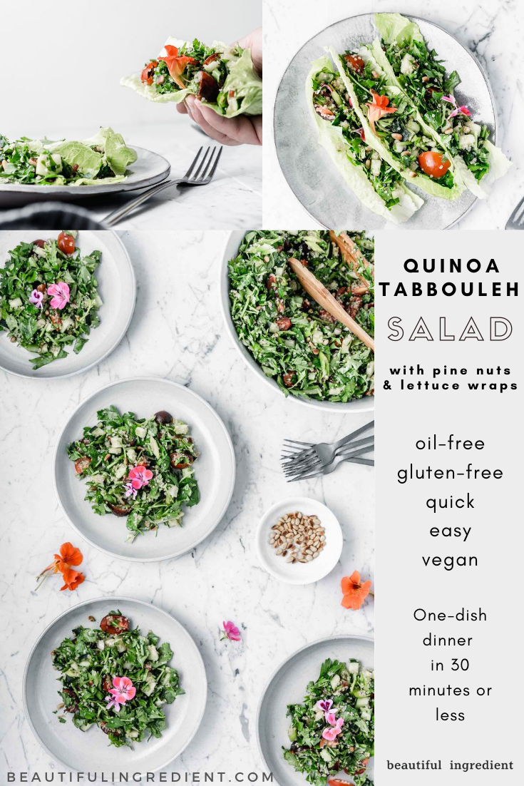 Quinoa Tabbouleh with Pine Nuts and Lettuce Wraps Recipe by Kari at Beautiful Ingredient. Fresh, oil-free, gluten-free and delicious, with several options and add-ons included. Pin this recipe to save it!  #tabboulehrecipe #tabboulehrecipequinoa #quinoa #quinoasaladrecipes #quinoarecipes #easyrecipes #easyrecipesfordinner #oilfreeveganrecipes #veganrecipes #glutenfree