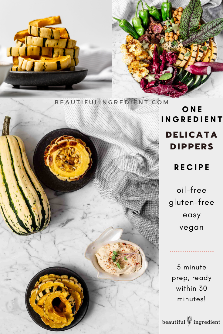 Delicata Dippers, a one-ingredient satisfying snack that takes just 5 minutes to prepare, are cooked and ready to eat within 25 minutes, and taste wonderful dipped in hummus or another savory dip. While a carrot or celery stick might not replace chips or crackers easily, these will! They’re filling and great for weight loss. Easily cut into rainbow shapes or leave the rounds to enjoy the toasted seeds. #delicata #squash #weightloss #snack #weightlosssnacks #easyrecipe #oneingredientrecipe #readyin30minutes #wholefoodsnack #chipreplacement #crackerreplacement