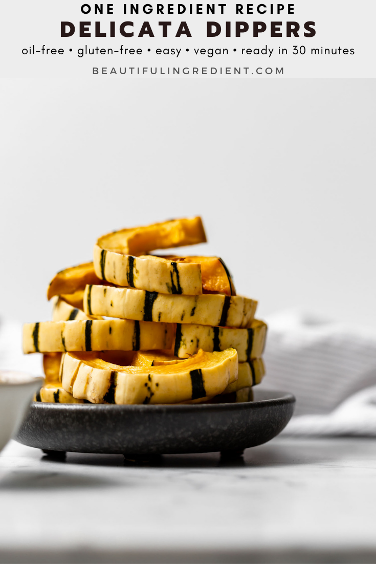 Delicata Dippers, a one-ingredient satisfying snack that takes just 5 minutes to prepare, are cooked and ready to eat within 25 minutes, and taste wonderful dipped in hummus or another savory dip. While a carrot or celery stick might not replace chips or crackers easily, these will! They’re filling and great for weight loss. #delicata #squash #weightloss #snack #weightlosssnacks #easyrecipe #oneingredientrecipe #readyin30minutes #wholefoodsnack #chipreplacement #crackerreplacement