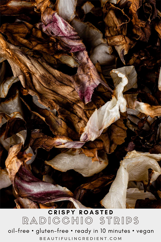 Crispy Roasted Radicchio Strips Recipe, Oil-Free Vegan by Beautiful Ingredient. Ready within 10 minutes in your air fryer! Crispy and bittersweet, these make a great snack or topping. #radicchio #oilfree #oilfreeveganrecipes #radicchiorecipes #roastedveggies #roastedvegetables #airfryer #vegan #plantbased #oneingredientrecipes #winterrecipes #autumnrecipes #fallrecipes