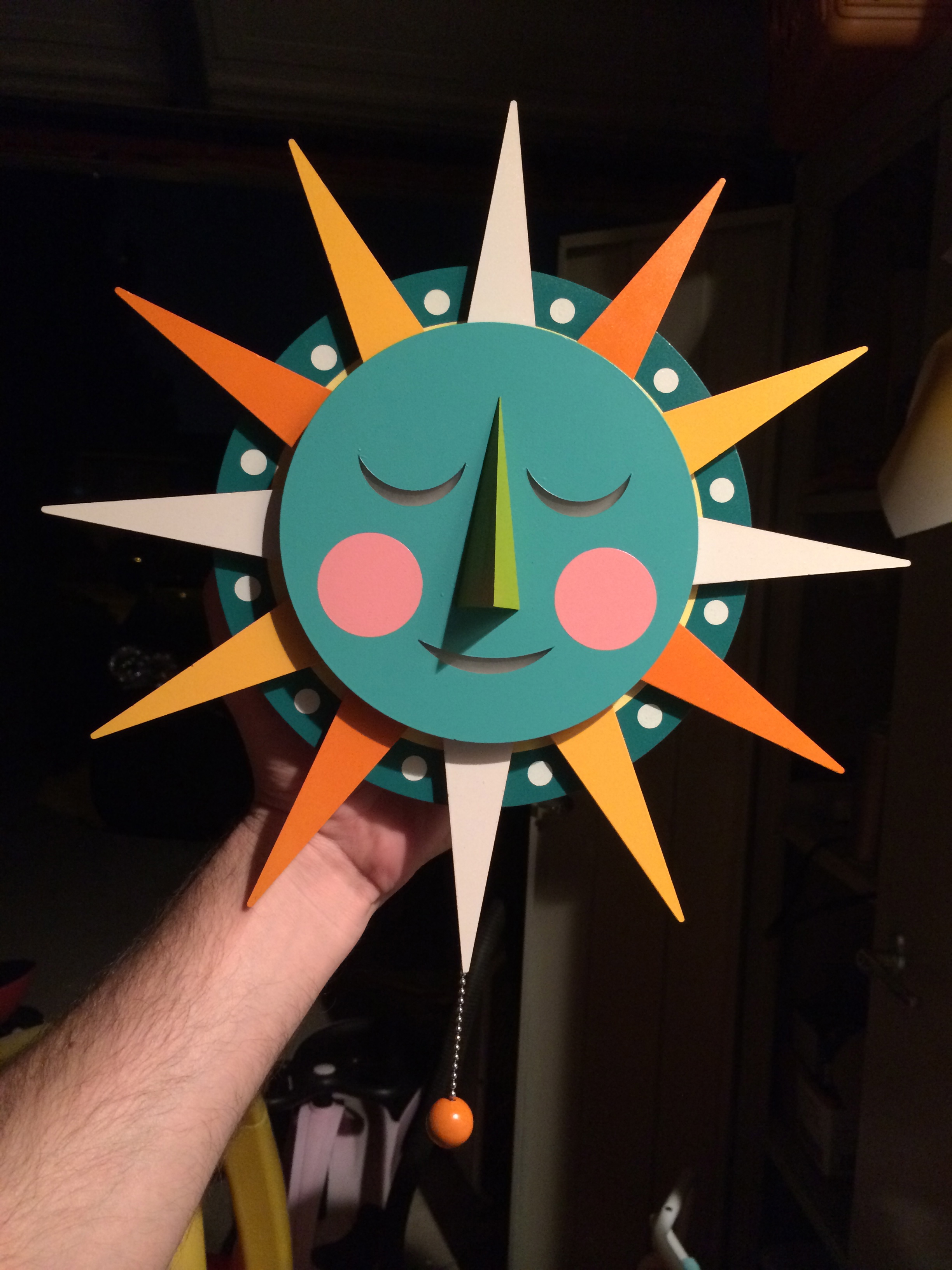   14" Sunburst prototype #2. &nbsp;Acrylic paint on Acrylic glass with pull chain activated LED light.  