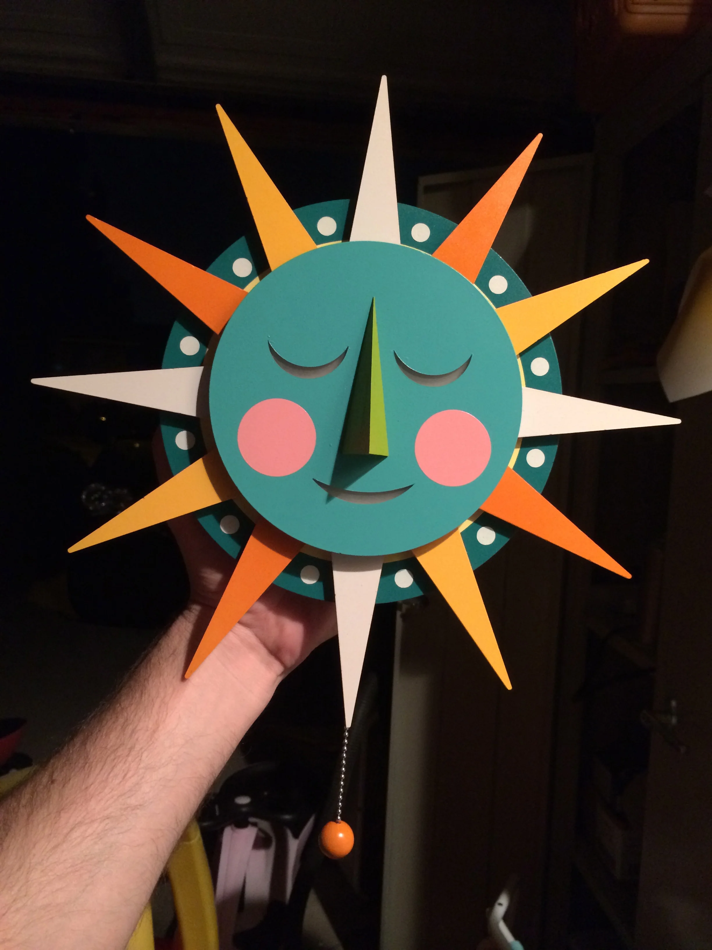 14" Sunburst prototype #2. Acrylic paint on Acrylic glass with pull chain activated LED light.