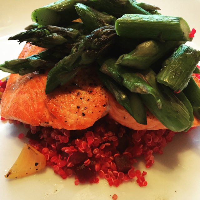 Cedar Plank Grilled Salmon with Beet Quinoa and Asparagus.