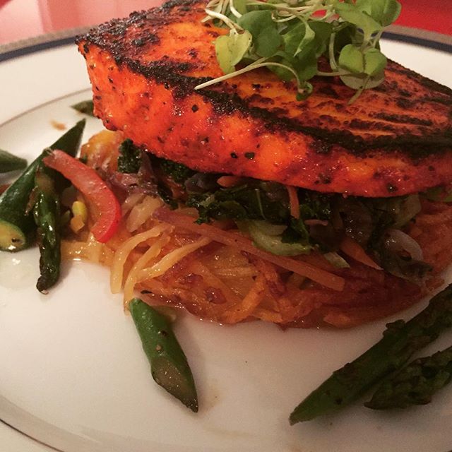 Cedar Plank Salmon, Braised Kale and Brussels Sprouts with a Yukon Potato Cake