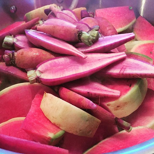 Braised Purple Ninja and Watermelon Radishes.