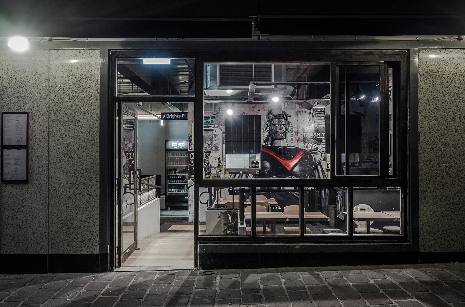 In late 2016 GUE approached me to produce the interior fit out for their newest in a series of Korean restaurant’s opening in Brights Place within the Melbourne CBD. The artwork is a mix of digital paste up and spray enamel. Approximately 8m x 3.2m Photography courtesy of; Chelsea Koh LinkonProject Architects