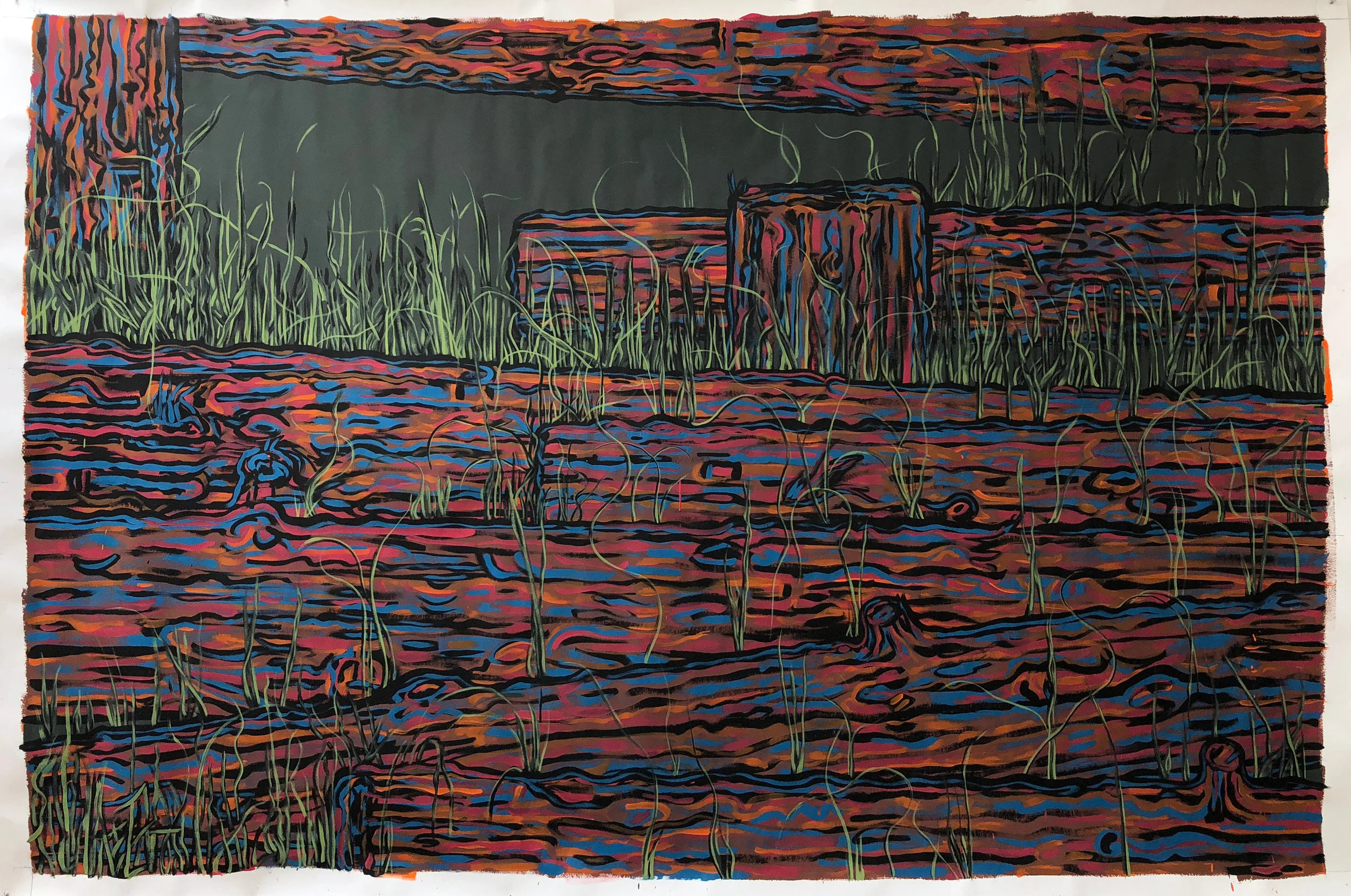 Lot, 2018 aqua dispersion, tempera, and gesso on paper, 72" x 106"