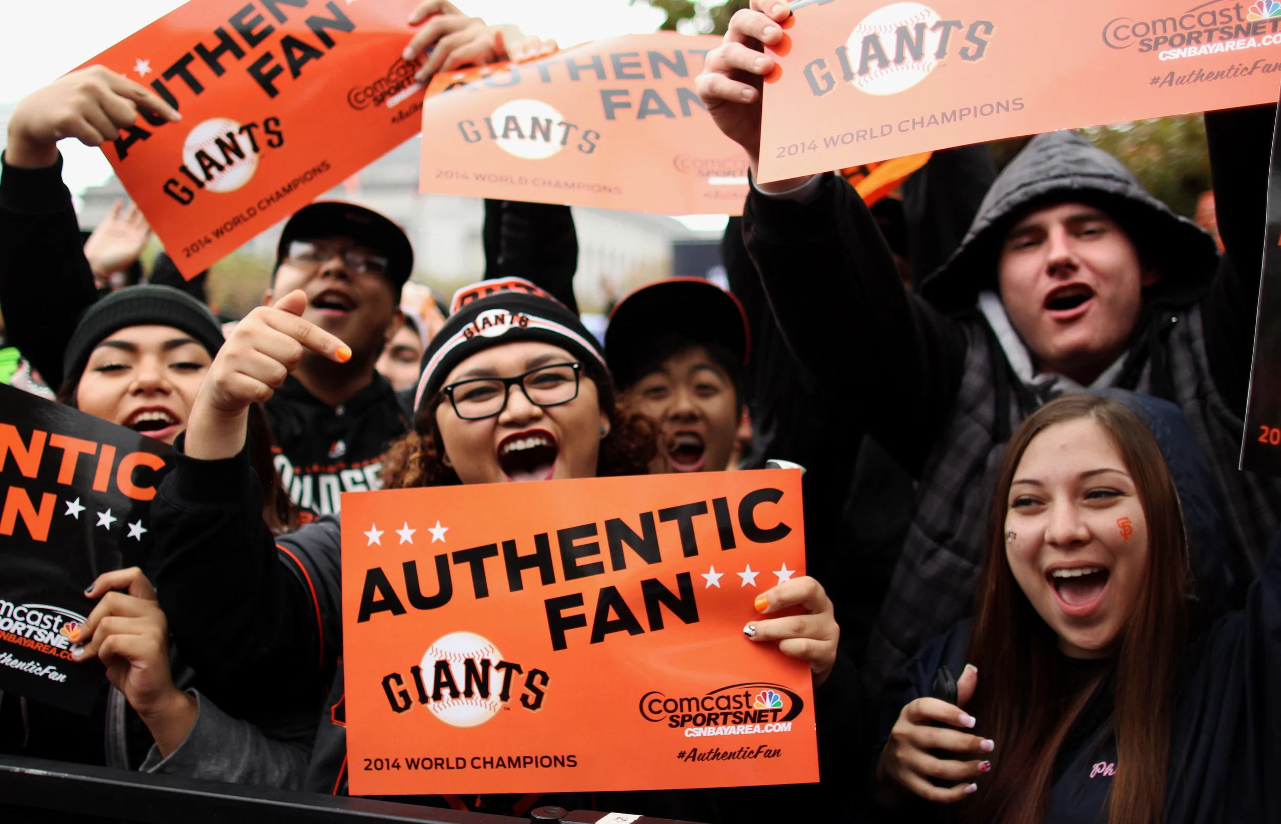 Fans celebrate the San Francisco Giants' World Series title in front of City Hall in San Francisco Friday, October 31, 2014.