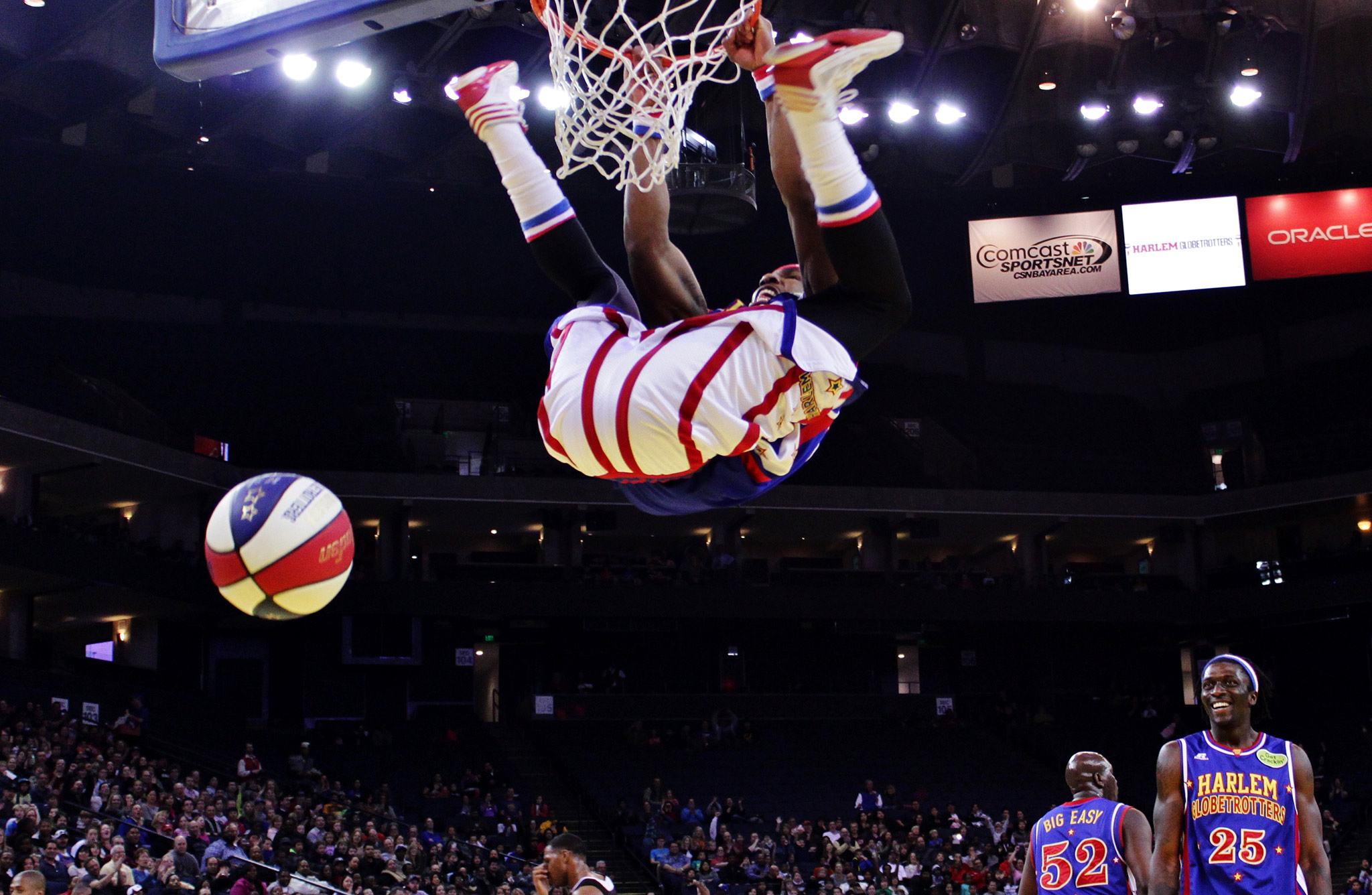 Harlem Globetrotters forward Corey "Thunder" Law dunks in a game against the Washington Generals at Oracle Arena on Tuesday, January 17, 2013 in Oakland, California.