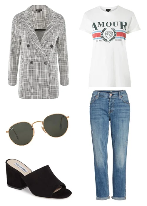 Topshop blazer and T-shirt | 7 For All Mankind jeans | Ray-Ban sunglasses | Steve Madden sandals