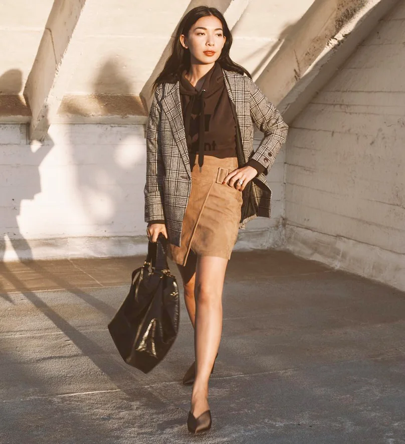 Stephanie of Honey & Silk is wearing Petite Studio jacket, VINCE skirt , Isabel Marant purse, and WhoWhatWear Collection shoes