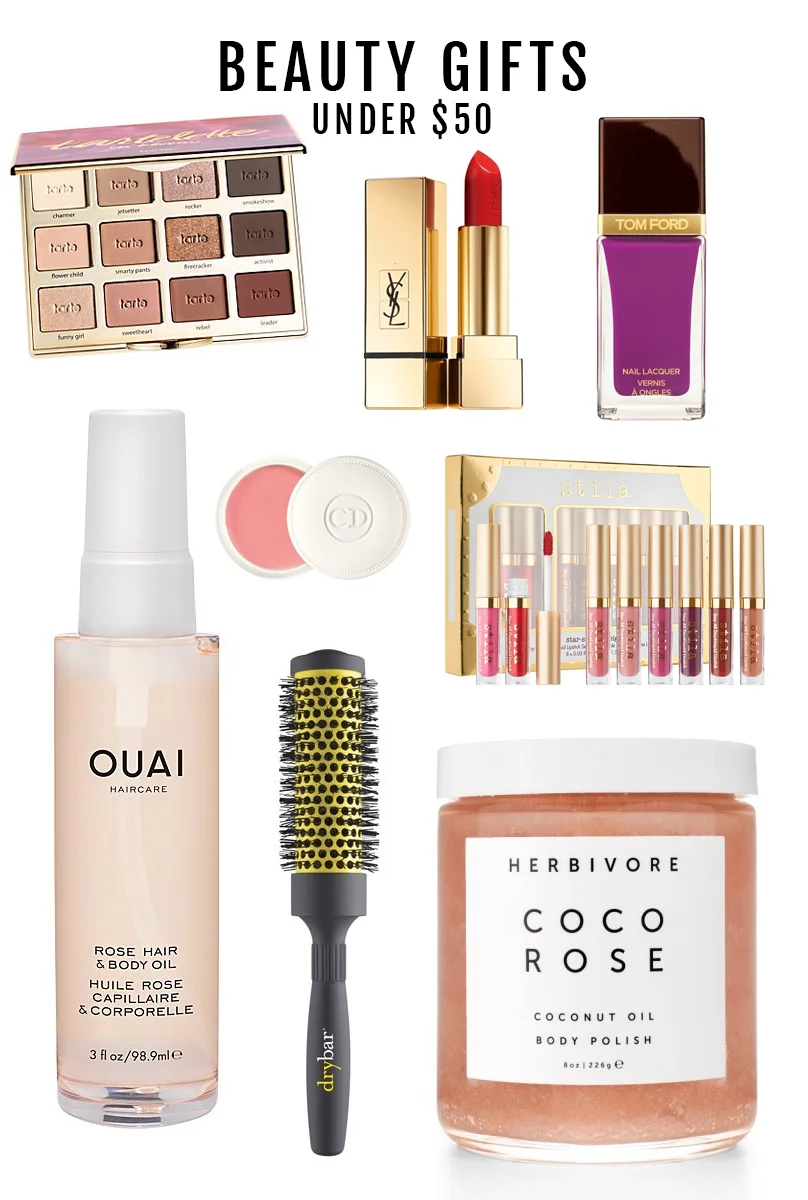 Tarte eyeshadow palette | Yves Saint Laurent lipstick | Tom Ford nail polish Ouai hair and body oil | Christian Dior lip balm | Stila liquid lipstick set Drybar brush | Herbivore body polish