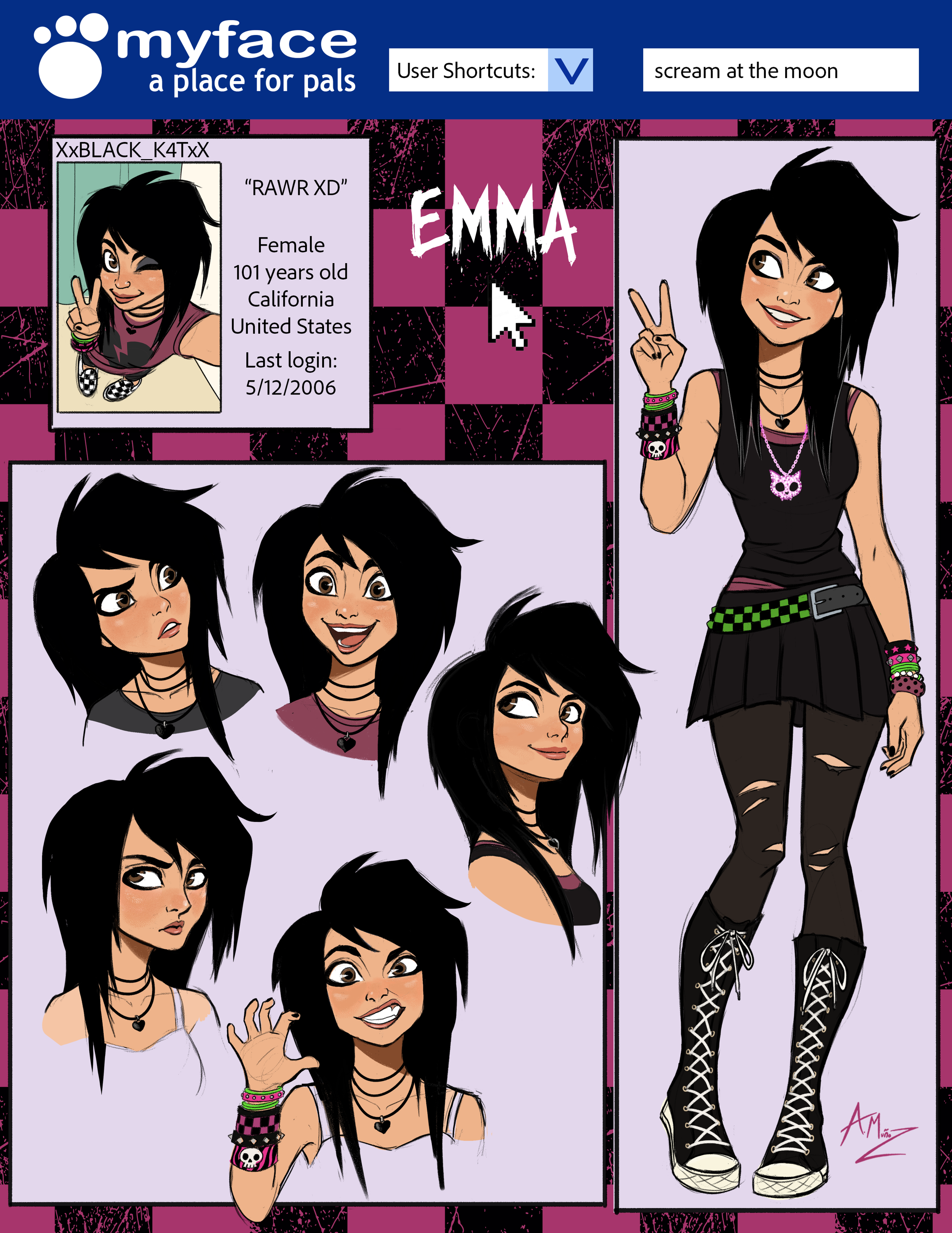 MySpace_emo_scene_girl_2000s_millennial_millennials_punk_internet_nostalgia_rock_rocker_music_band_checkerboard_layout_page_site_profile_expressions_character_design_concept_art_animation_visual_development_expression_sheet_rawr_lineup_portfolio.png