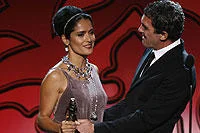 Salma Hayek accepts the Anthony Quinn Award for Industry Excellence in Los Angeles