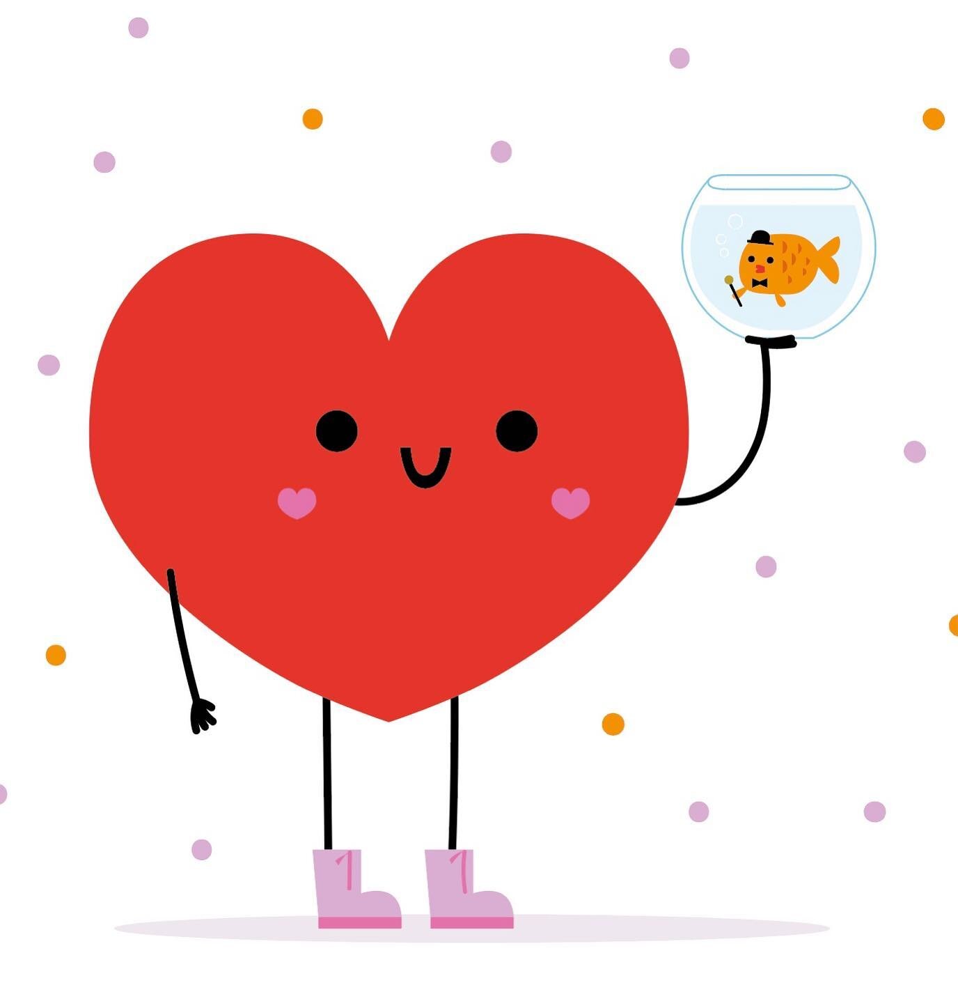 Happy Heart Day! This guy likes to show his love by gifting well dressed goldfish. ❤️🧡💛💚💙💜 #happyvalentinesday #heart #kidsillustrator #childrensbookillustration #characterillustration