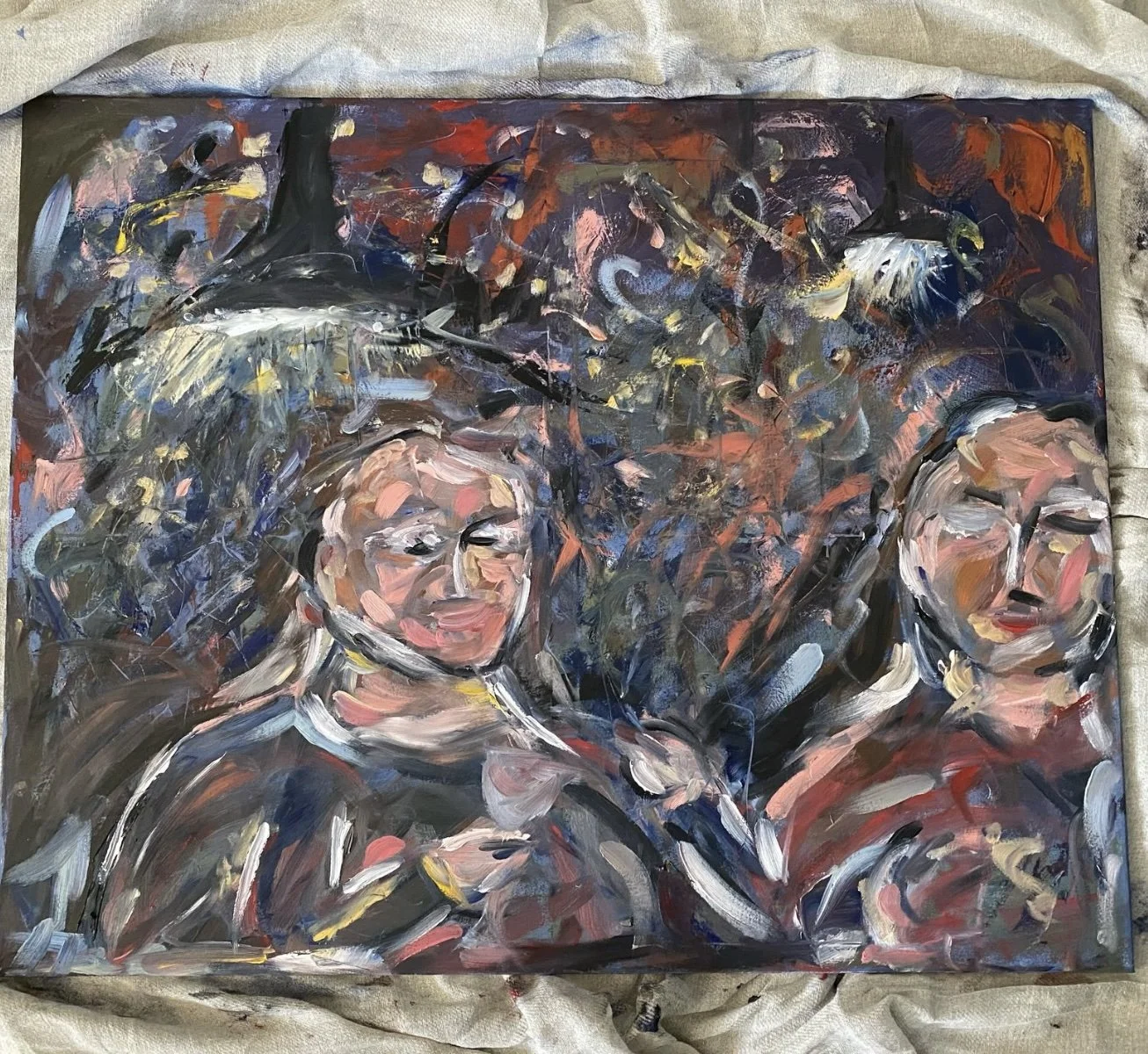 Abstract painting of two women with glasses, using bold brushstrokes and a dark, colorful background.
