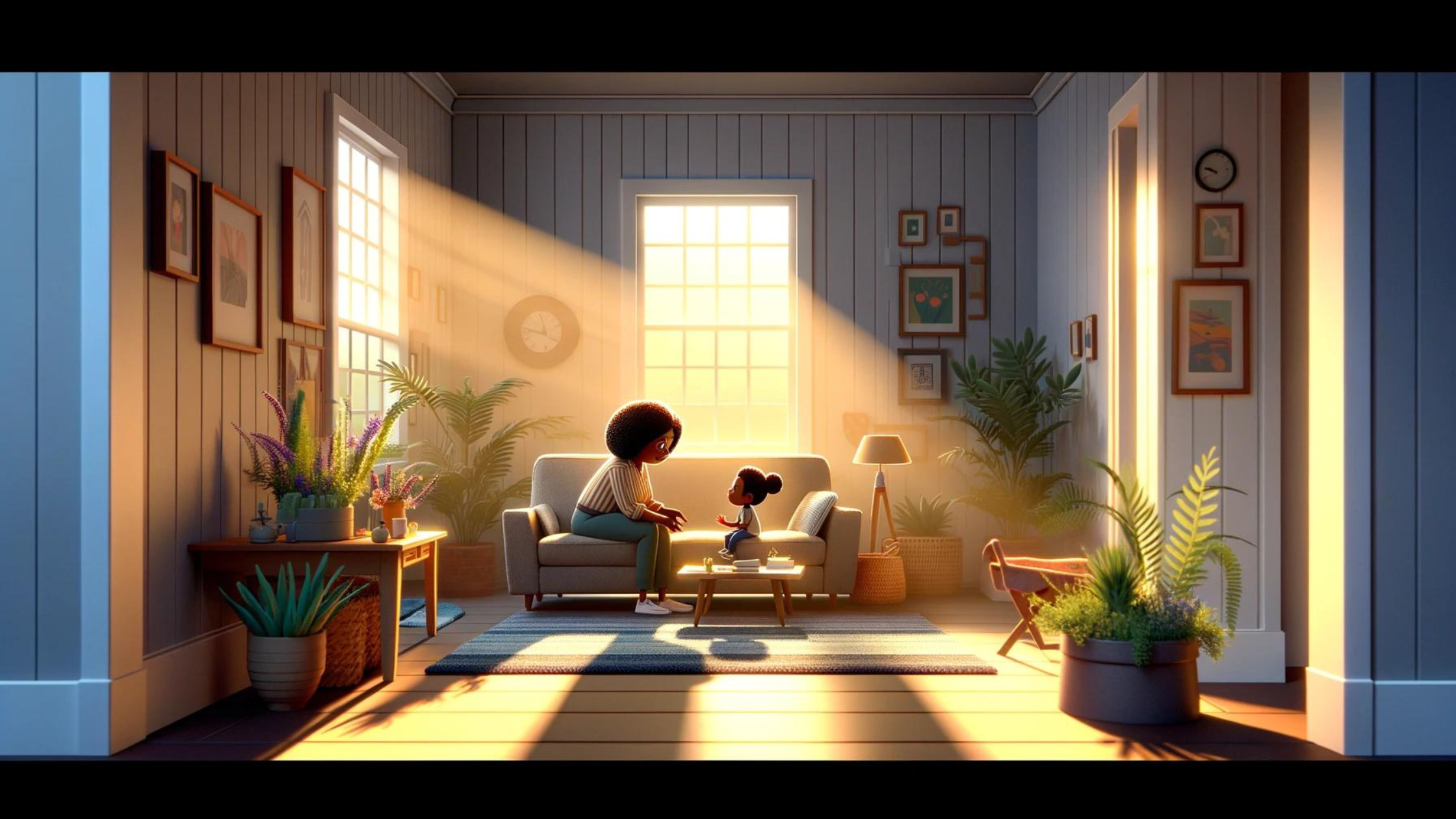 Animated scene of a woman and a young girl sitting on a sofa in a sunlit living room decorated with plants, framed pictures, and a side table with flowers, during sunset.