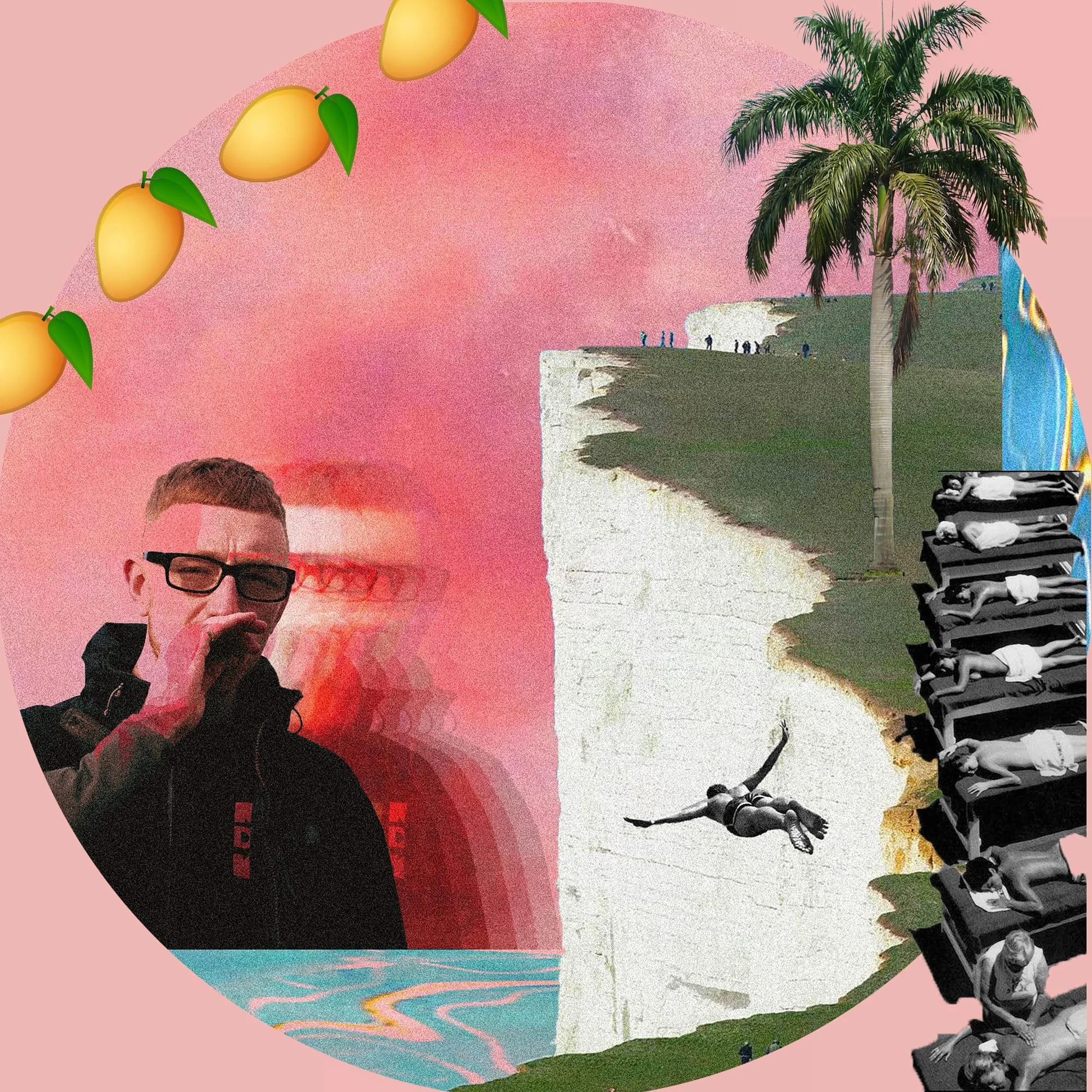 Collage of various scenes including a person with glasses and a jacket speaking into a microphone, a large cliff with a swimmer diving, a palm tree, and rows of people lying on lounge chairs, with an overlay of lemon illustrations and a pink backgrou