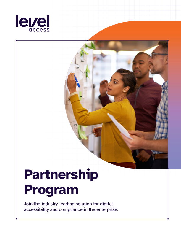  Level Access Partnership Program cover. A young woman in yellow cardigan writes on a whiteboard while speaking to her two male colleagues behind her.  