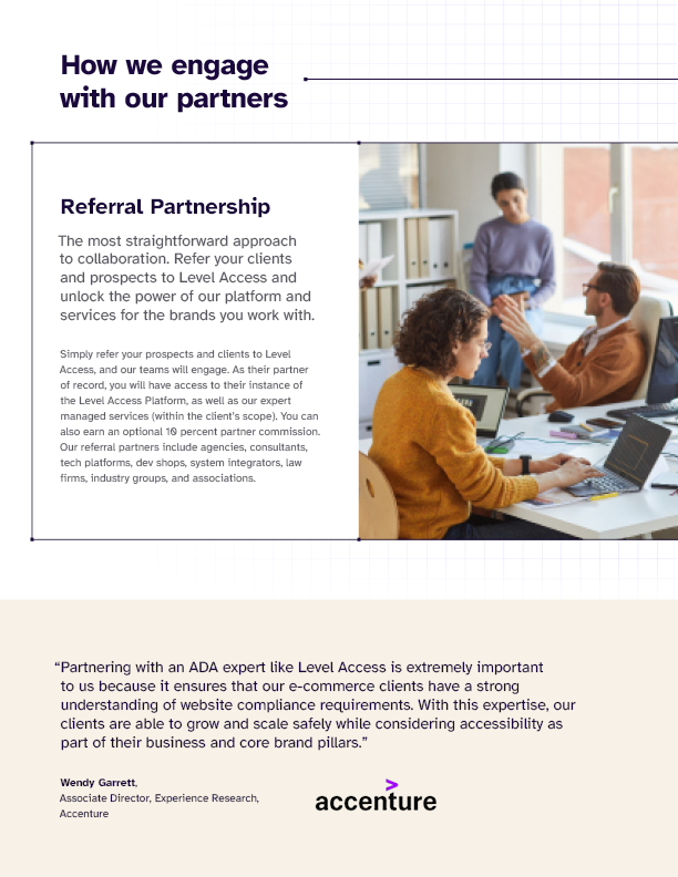  The third page of the Partnership Program, the “How We Engage With Our Partners” Section. In the top right the is an image of three coworkers. The one in the foreground works on a computer. The other two converse behind. 