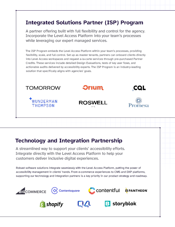  A continuation of the “How We Engage With Our Partners” section. The Integrated Solutions Partner (ISP) Program, and Technology and Integration Partnership. Each sub section contains partner logos.  