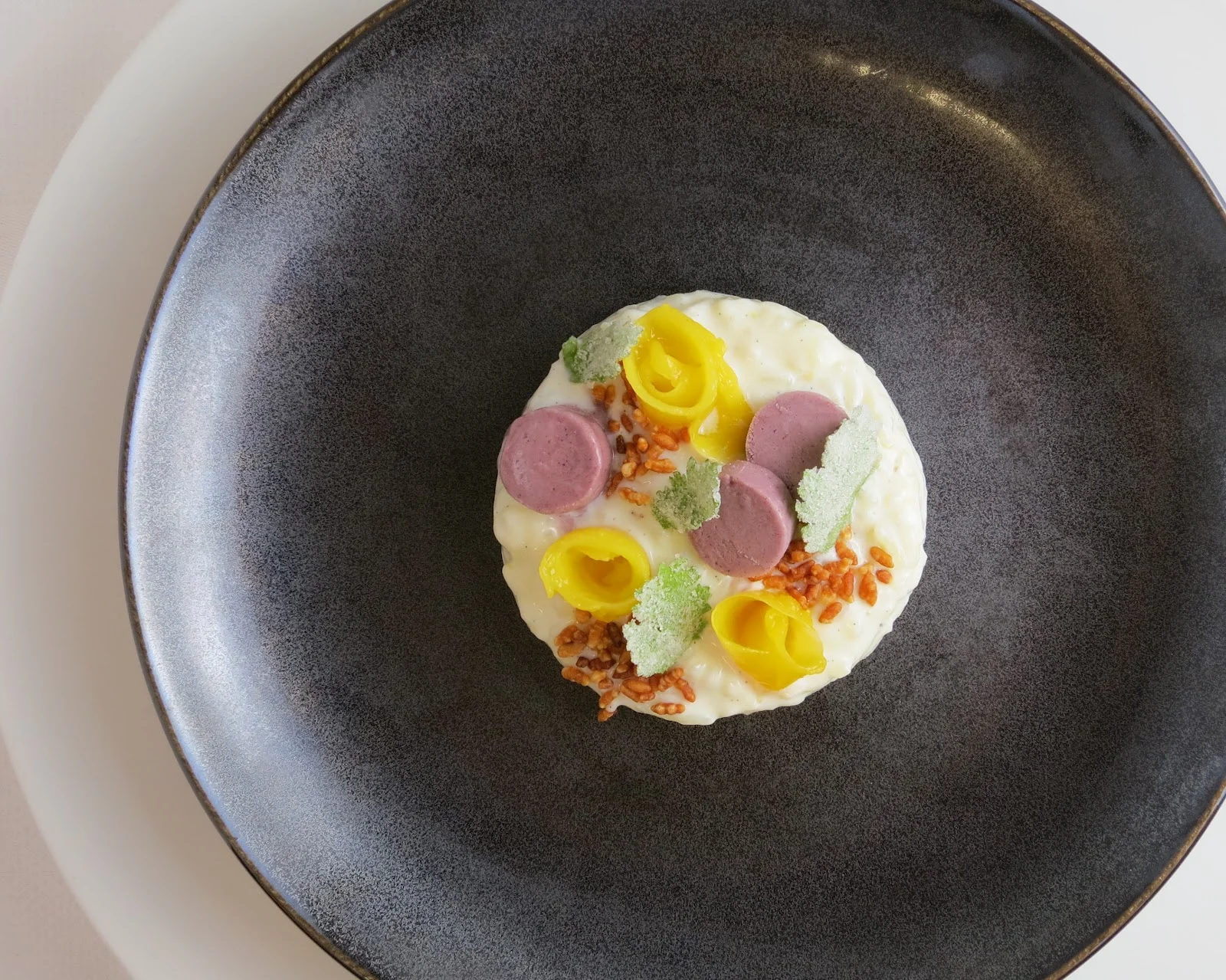 jasmine rice pudding with black rice ice cream