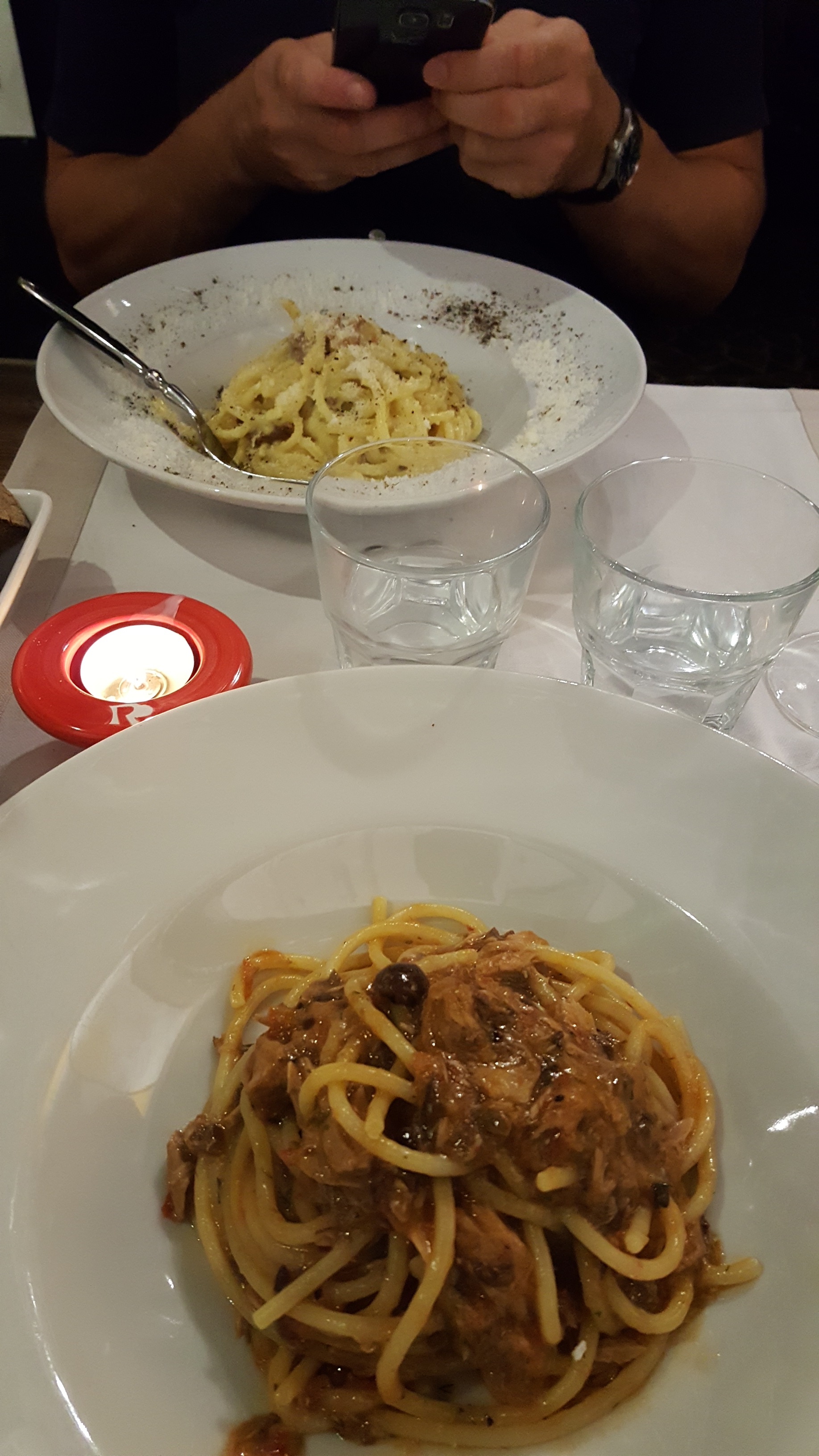 In the dining room behind Roscioli Salumeria. He had spaghetti carbonara, I had one with tuna & olives. Divine!!